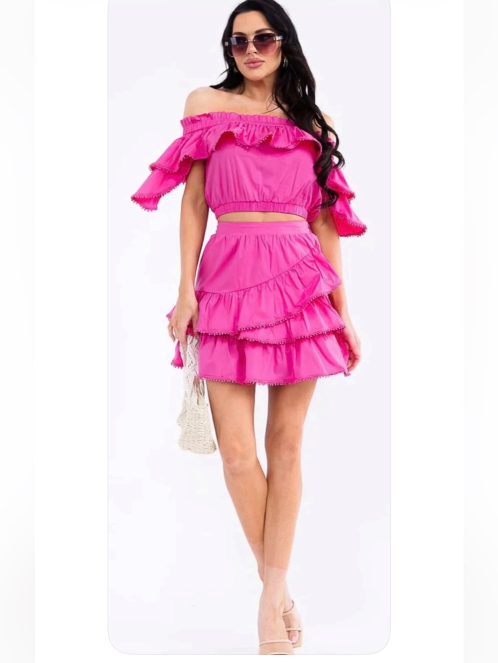 Pretty in Pink💕 2 piece Poplin Ruffle Mini Skirt and off the shoulder crop top💕